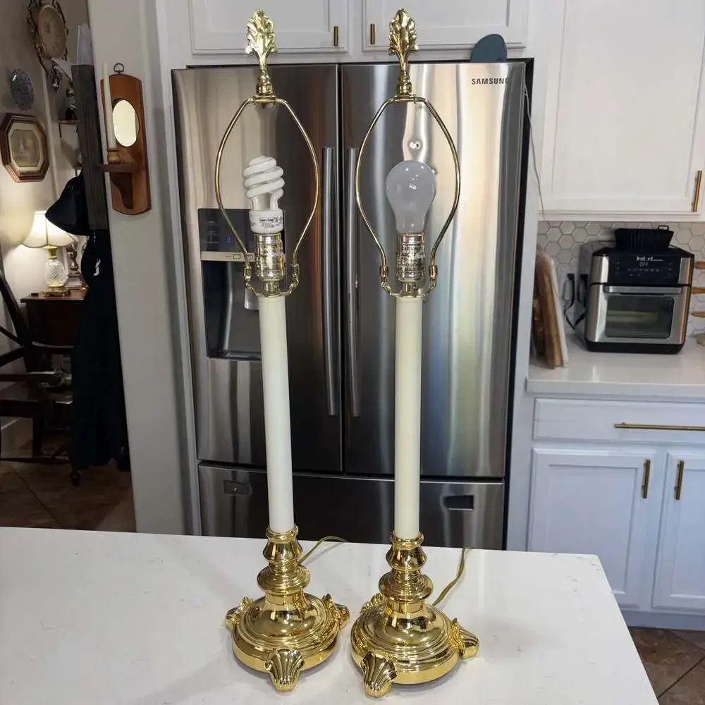 Vintage Stiffel Brass Candlestick Table Lamp Pair with Ornate Finial
